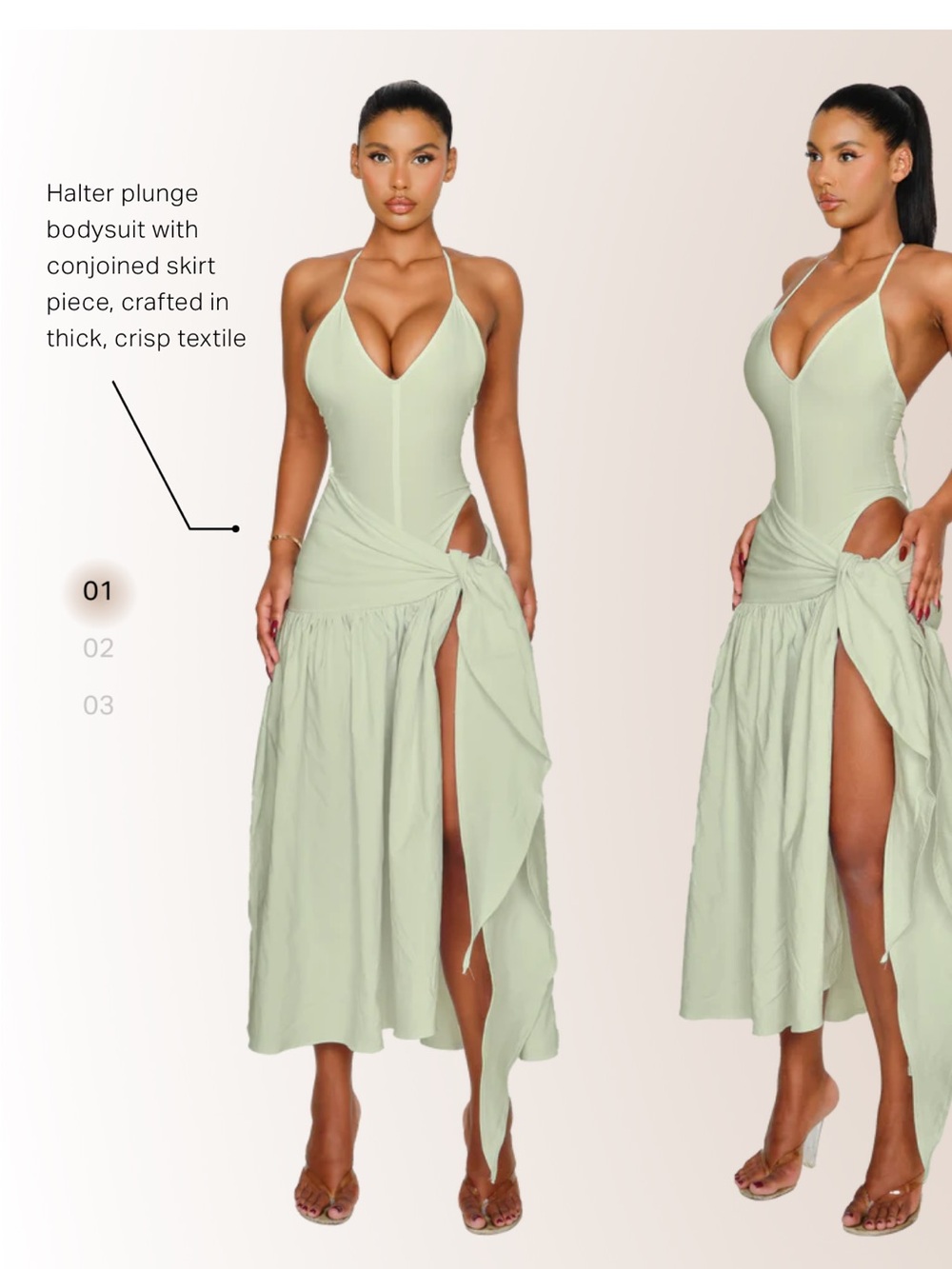 Cuccoo Halter Plunge Bodysuit Conjoined Skirt Dress in Sage Green